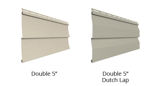 Side view of Willowbrook double 5" siding sample next to Willowbrook double 5" dutch lap siding sample.