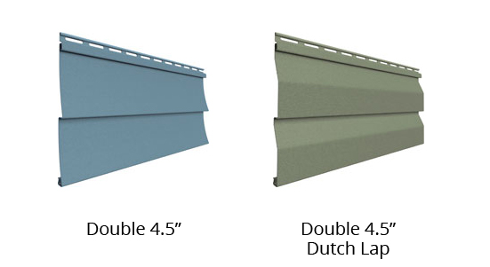 Side view of Willowbrook double 4.5" siding sample next to Willowbrook double 4.5" dutch lap siding sample.