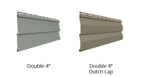 Side view of Willowbrook double 4" siding sample next to Willowbrook double 4" dutch lap siding sample.