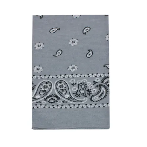 Gray paisley bandana. Clicks through to bandanas, scarves, and gaiters.