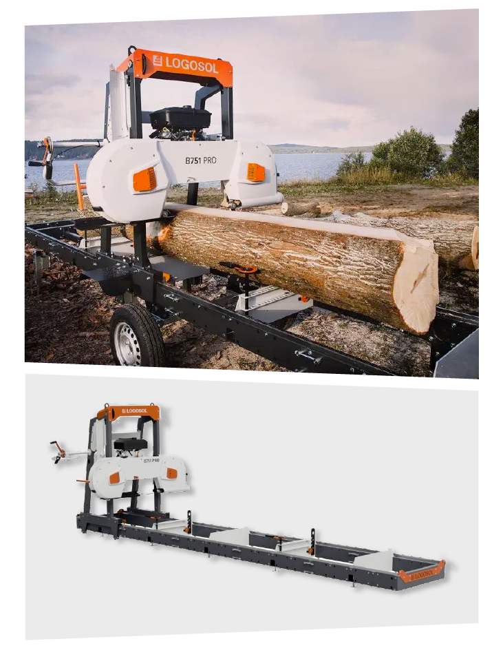 Two LOGOSOL band sawmills and one cutting a log into timber.