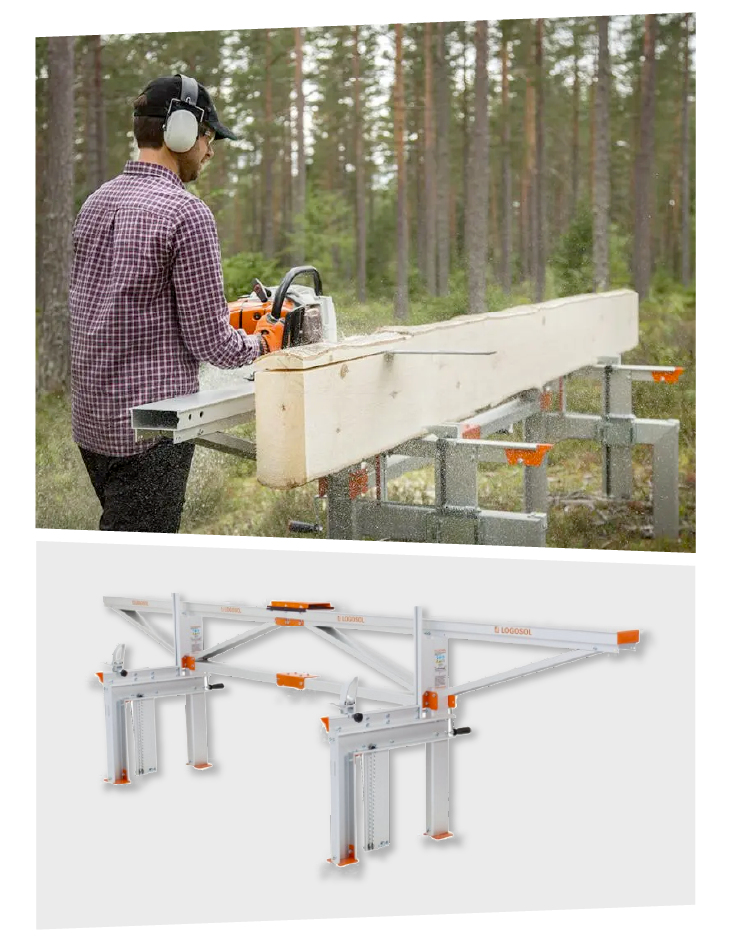 A man using the LOGOSOL chain sawmill to cut a log into timber and another LOGOSOL chain sawmill.