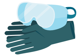 A graphic of safety goggles and gloves.