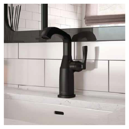 A close-up of a black faucet at a sink.