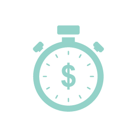 A teal and white graphic of an alarm clock with a dollar sign in the middle.