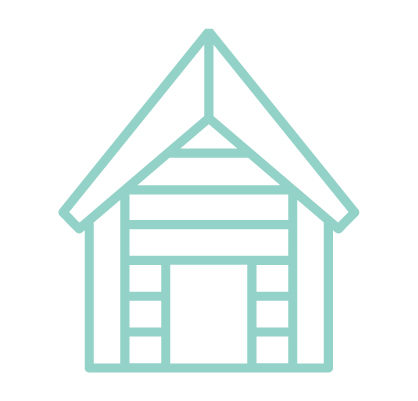 A teal and white graphic of a house.