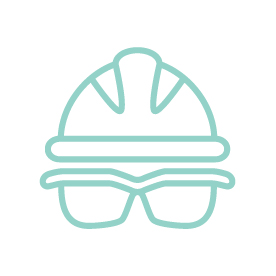 A teal and white graphic of a hard hat with safety glasses.