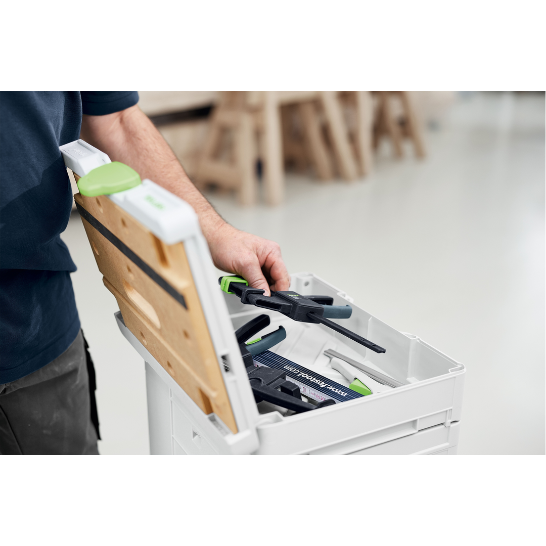 Built-in storage keeps tools and accessories organized