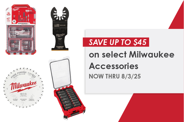 Search result page with select Milwaukee accessories available for up to $45 off.