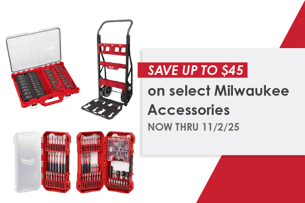 Search result page with select Milwaukee accessories available for up to $45 off.