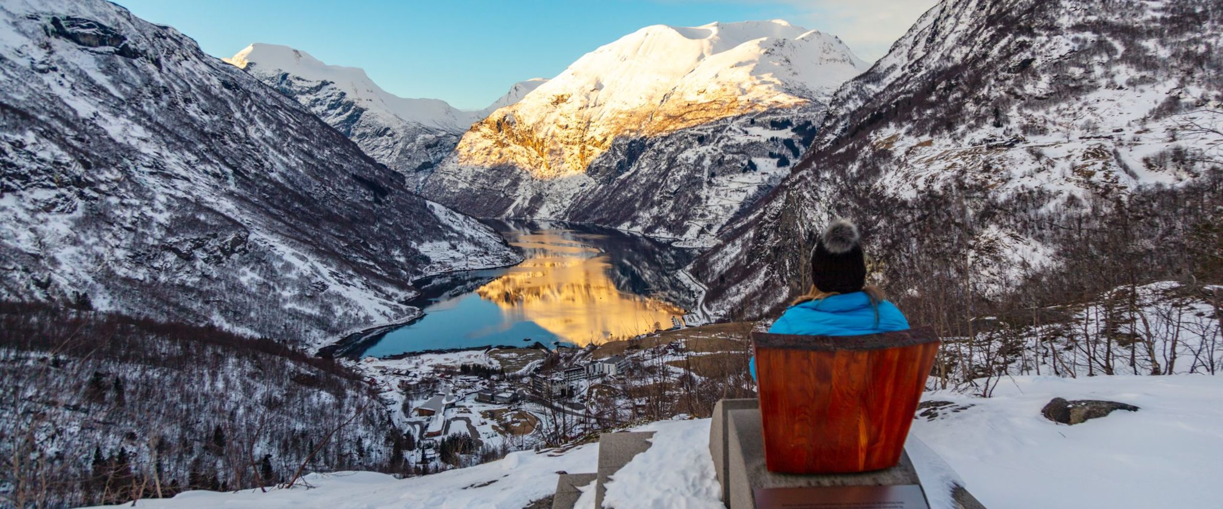 Beautiful view to Geirangerfjorden in the winter. Photo:Rune Hagen/Stiftinga Geirangerfjorden verdsarv
