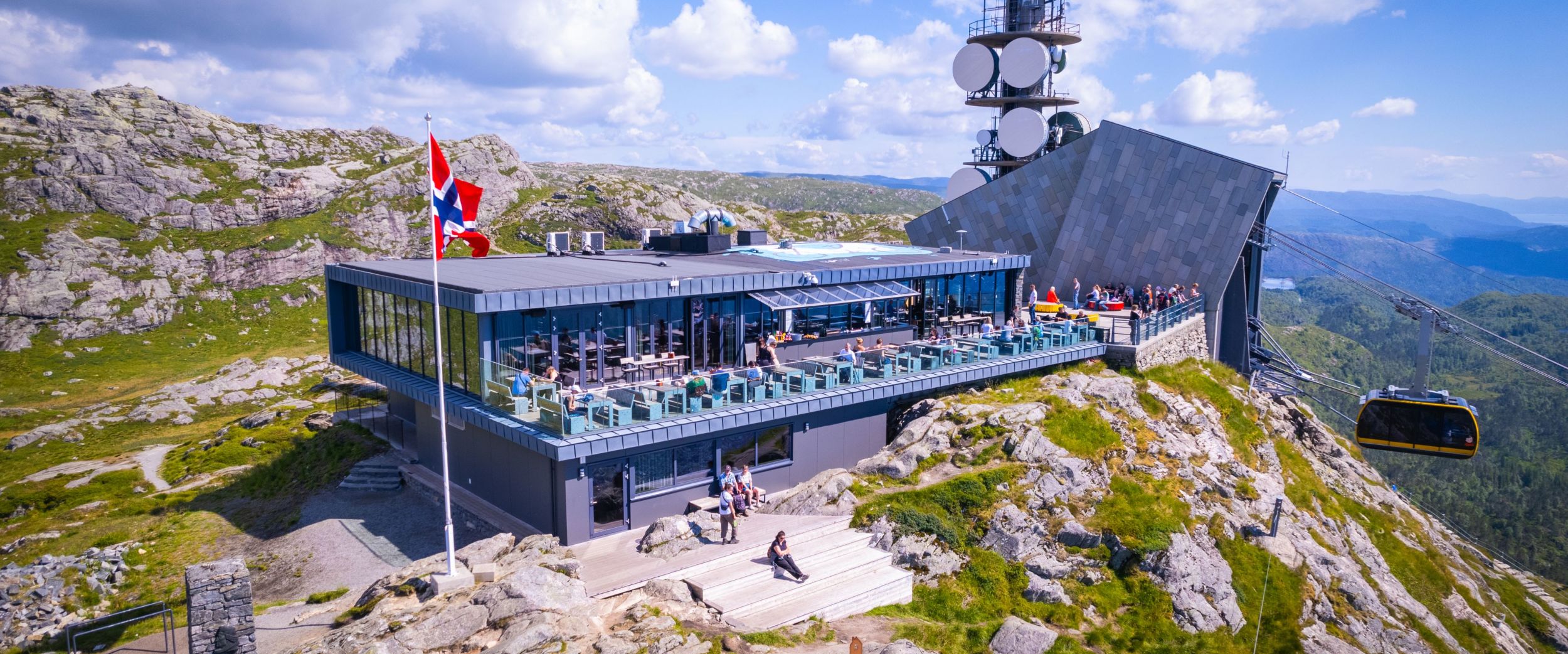 Modern mountaintop restaurant with outdoor terrace on Mount Ulriken in Bergen, Norway. A cable car is arriving, and the TV tower rises behind the building, with dramatic mountain scenery in the background.
