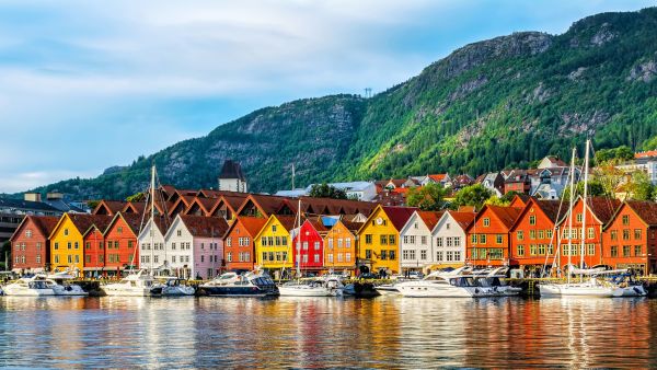Bergen, Norway. UNESCO Bryggen Wharf with Havila Voyages.