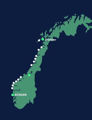 map showing svolvær to bergen