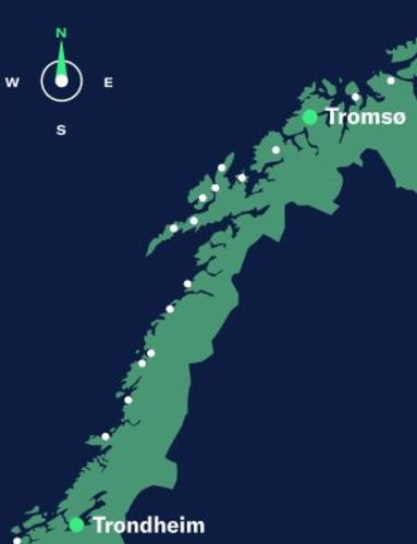 Green on blue map with top part of Norway showing Trondheim and Tromsø