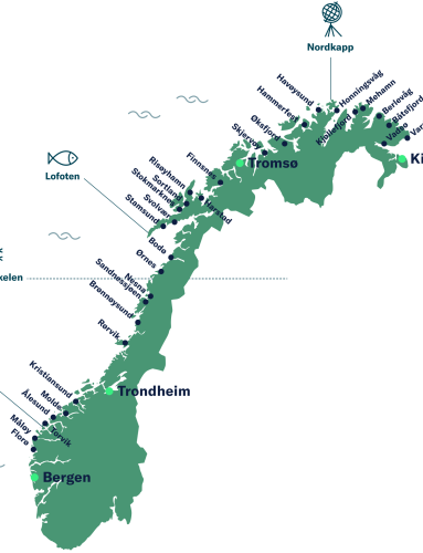 Norgeskart med Havila Kystrutens havner. 