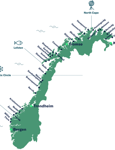 Map over Norway and the coastal route ports. 