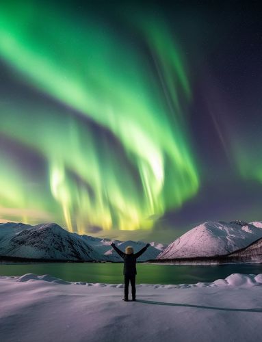A person stands on snow-covered ground with arms raised under a spectacular northern lights display, surrounded by snow-covered mountains and a calm fjord.