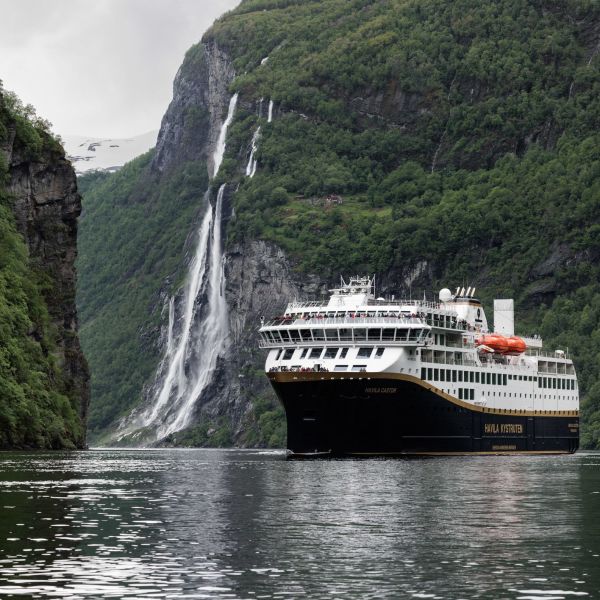 Havila Castor in the Geirangerfjord - first sailing in world heritage Geiranger on battery. Photo: Marius Beck Dahle