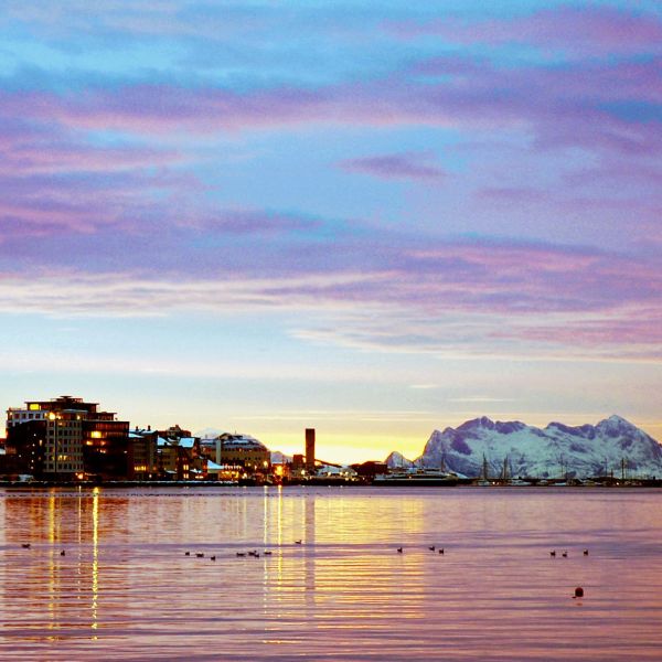 View of the port of Bodø in colorfull winter light.