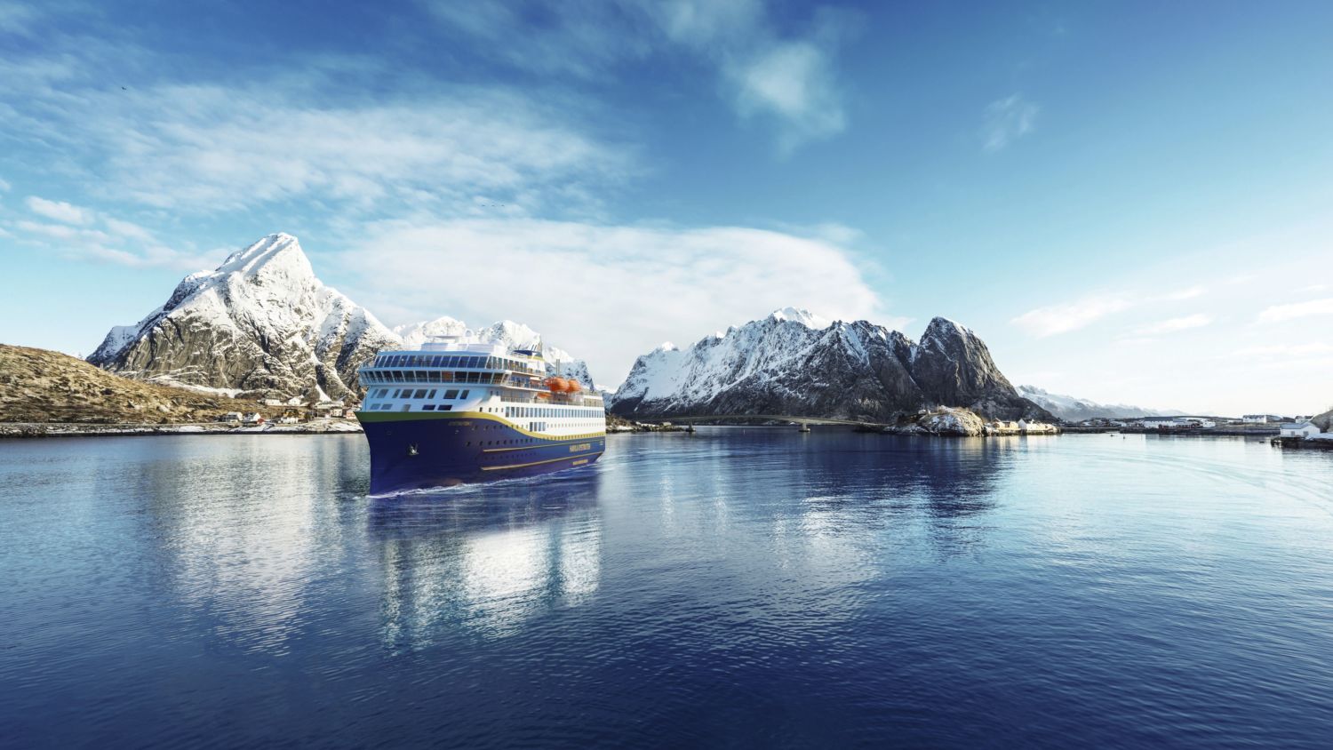 Havila ship on a calm sea with the Lofoten mountains in the background.