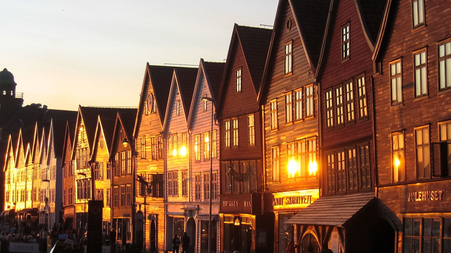 Buildings on Bergen Brygge in sunset