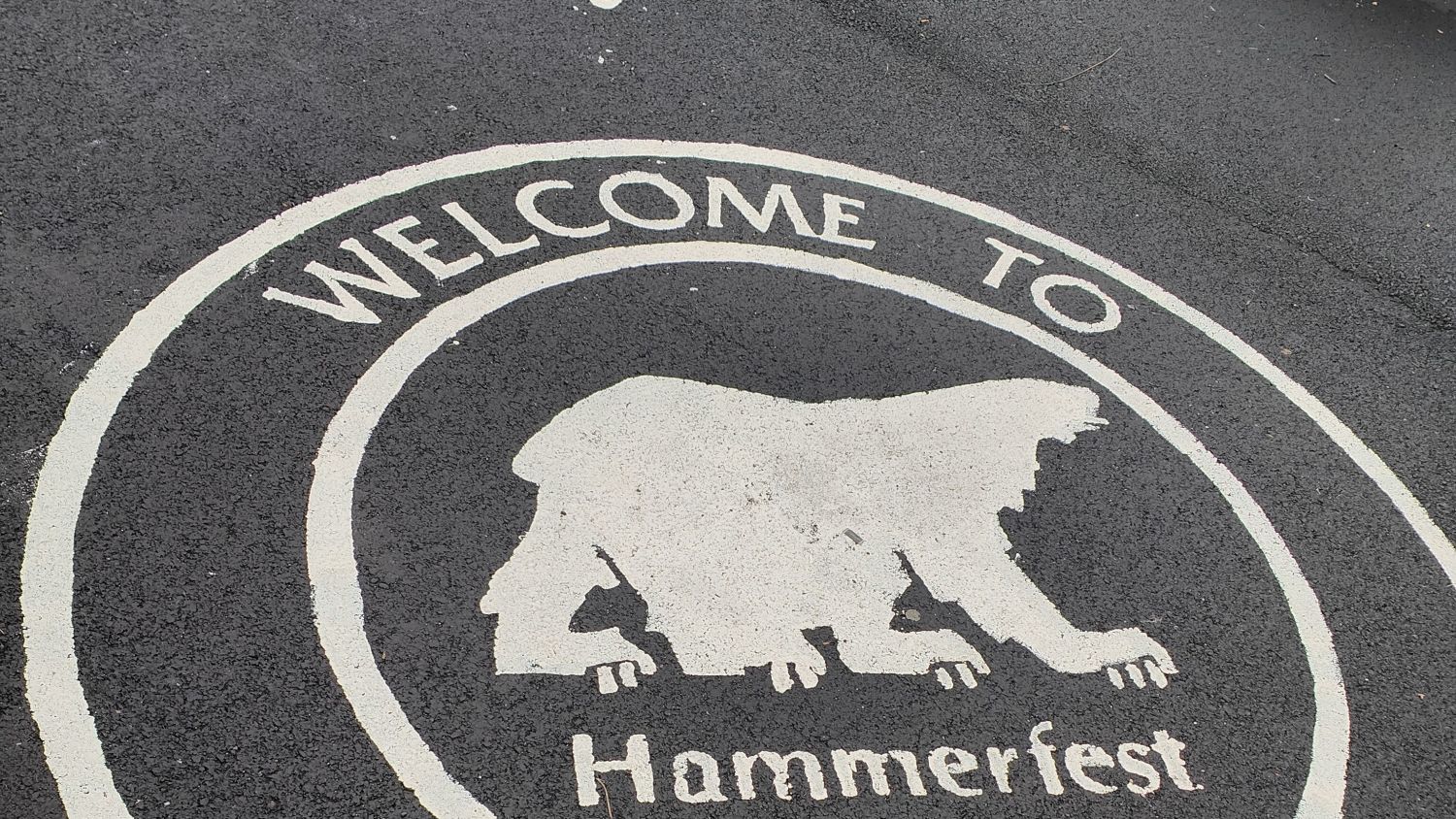 White circular “Welcome to Hammerfest” emblem painted on dark asphalt, featuring the silhouette of a walking polar bear in the centre.