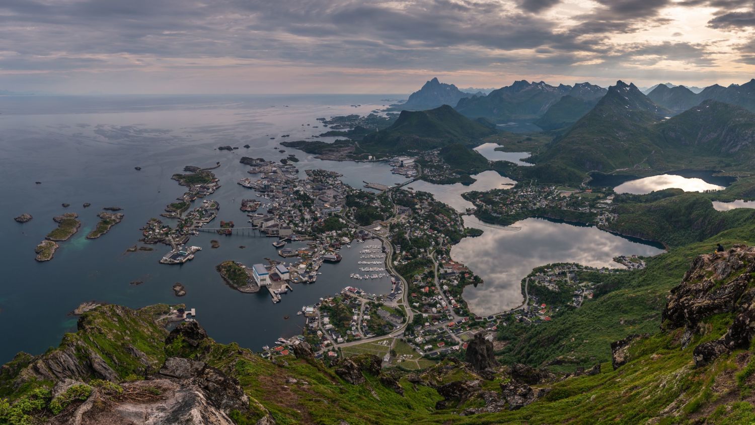 Svolvær in the Lofoten Islands seen from the mountain Floya. 