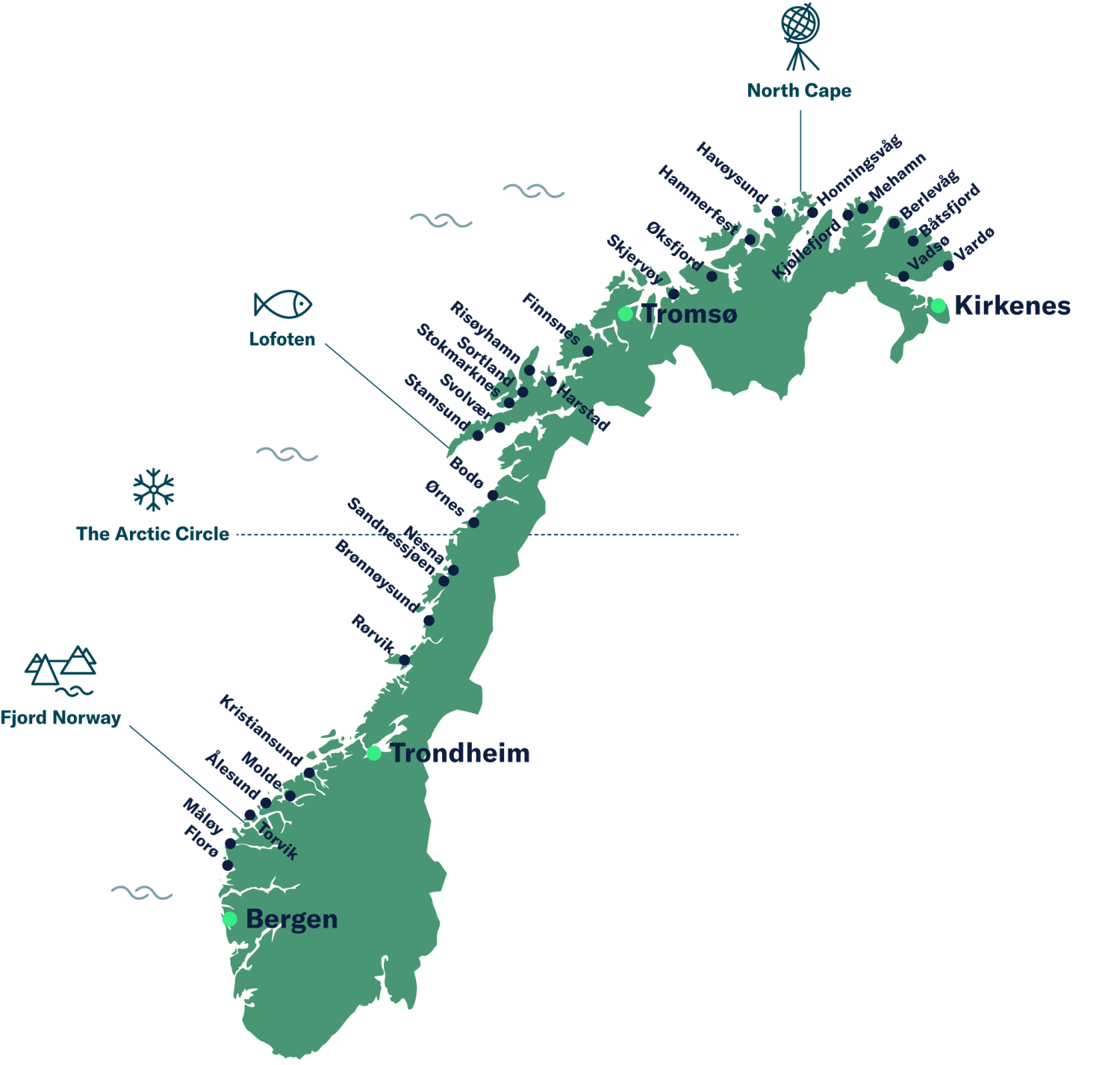 Map over Norway and the coastal route ports. 