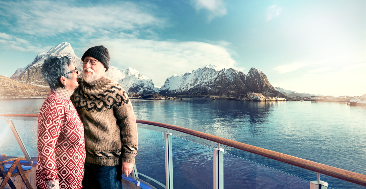 Illustration of couple on deck of the ship in Lofoten