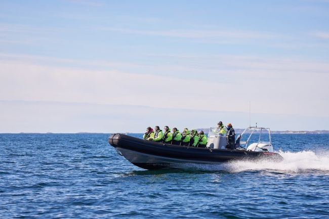 RIB driving fast with guests wearing termo suits