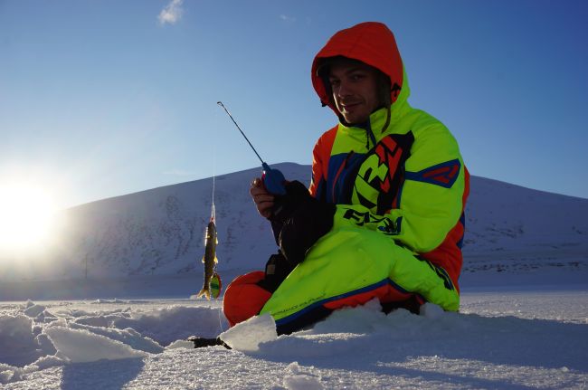 Snowshoeing and icefishing in the sun.