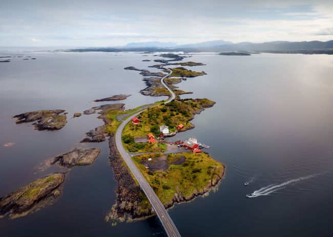 Atlantic Ocean road connected by bridges on small islands.