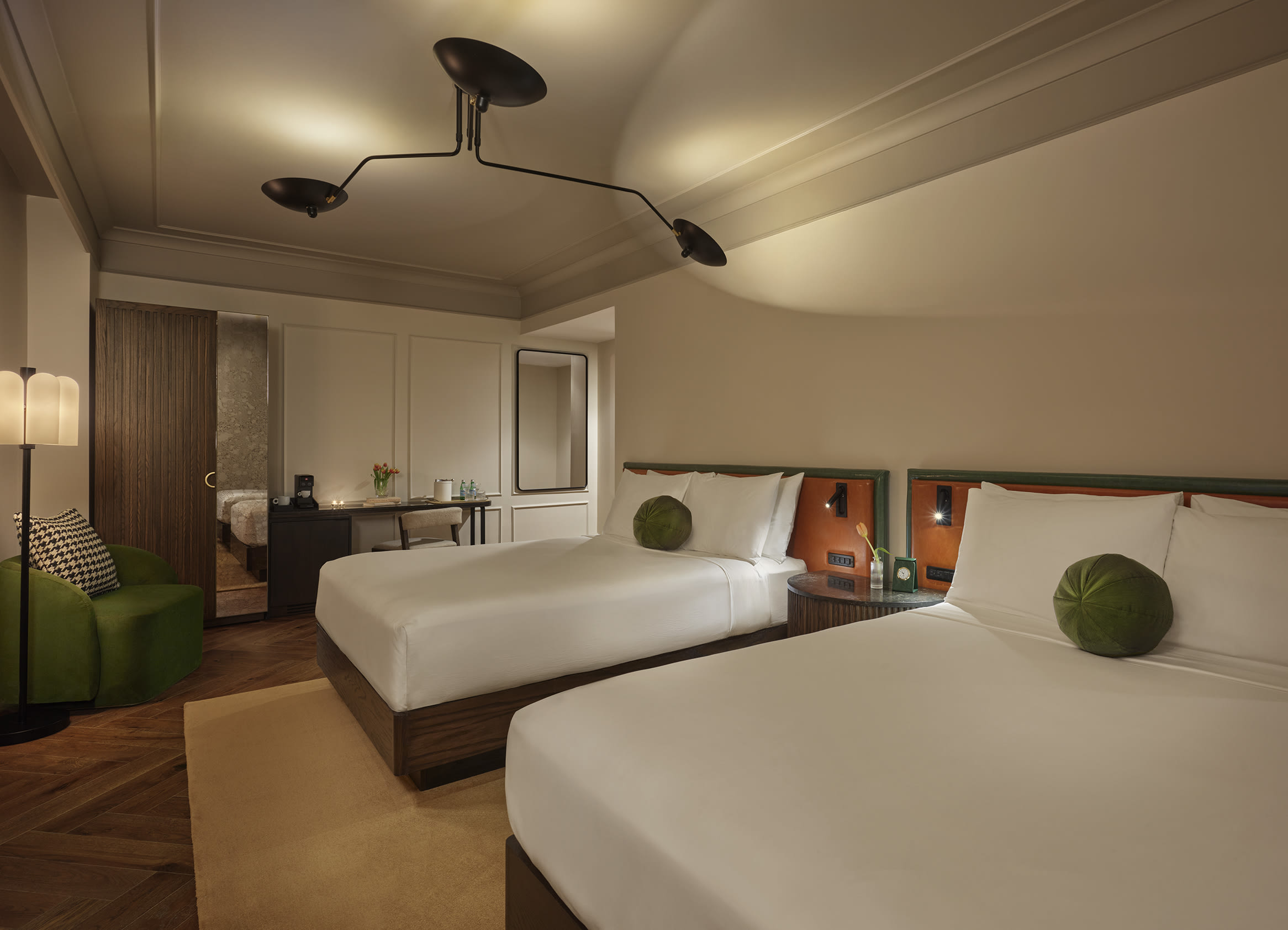 hotel room with brown floor