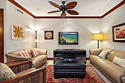 Beach Villas at Ko Olina O-1402 - A cozy living area with leather sofa and loveseat.