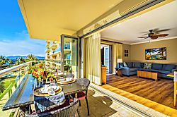 Honua Kai Konea 439 - Open your living room to the balcony for seamless indoor-outdoor dining with pool and gard