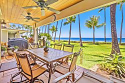 Oceanfront Oasis in Lahaina - Beautiful covered lanai in Lahaina with ocean views, swaying palms, and dining space perfe
