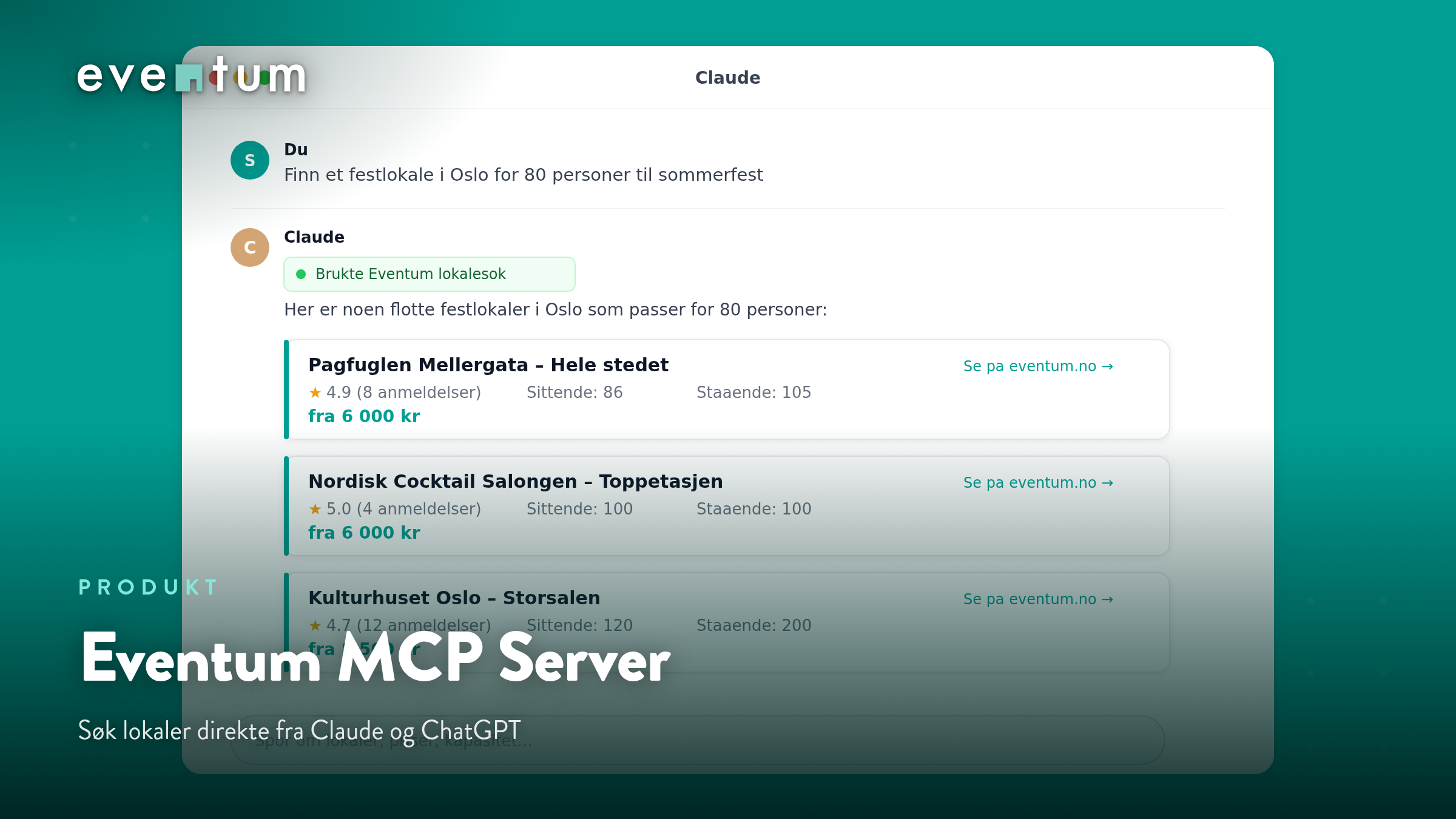 Eventum MCP Server — Søk lokaler direkte fra Claude og ChatGPT