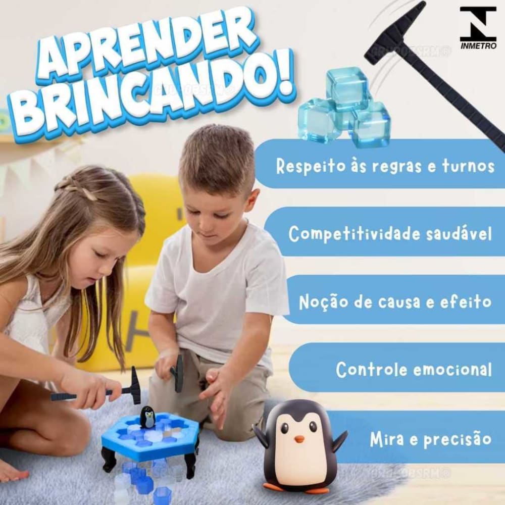 Pinguim posicionado sobre os blocos do jogo Quebra Gelo