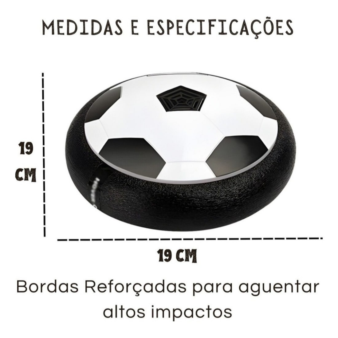 Imagem informativa com medidas de 19 cm da bola flutuante Flat Ball