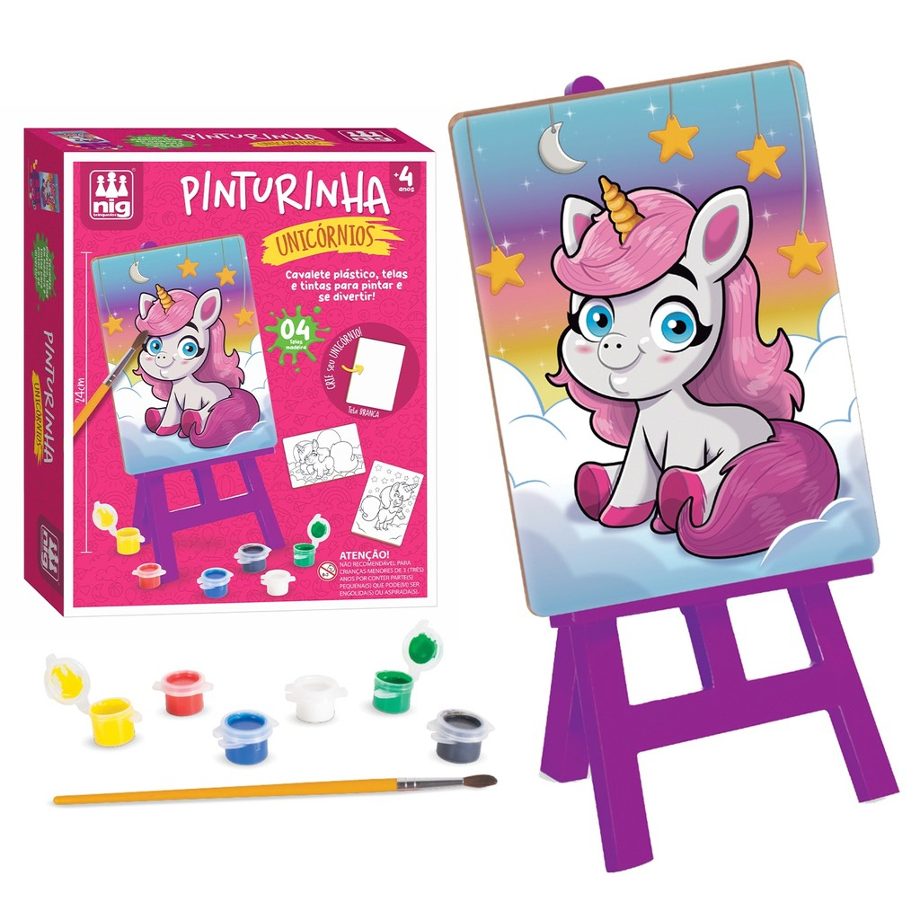 Kit de pintura infantil unicórnio com telas tintas pincel e cavalete