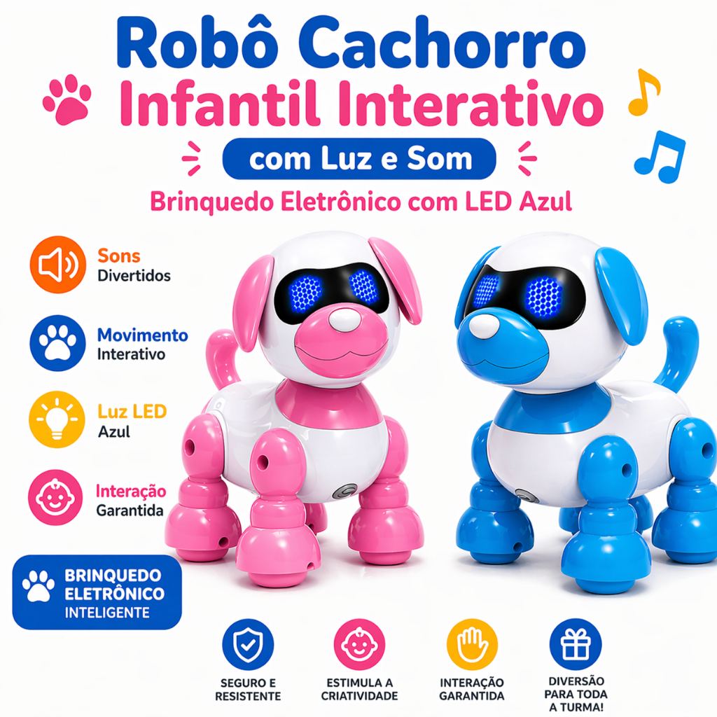 Robô cachorro infantil interativo nas cores azul e rosa