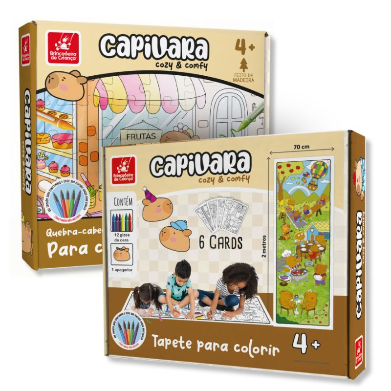 Kit infantil capivara com tapete para colorir e quebra-cabeça