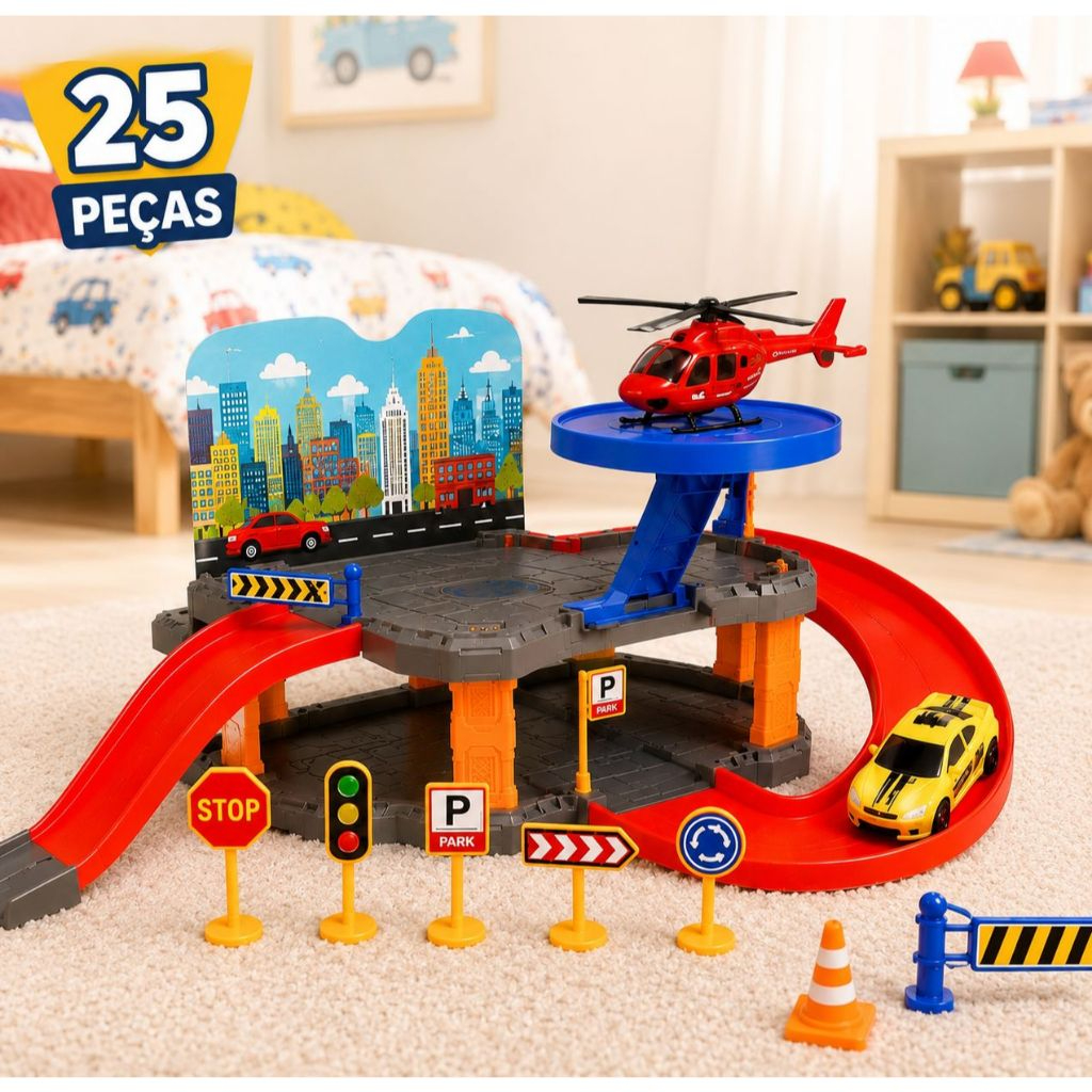 Pista de carrinhos infantil com garagem para montar