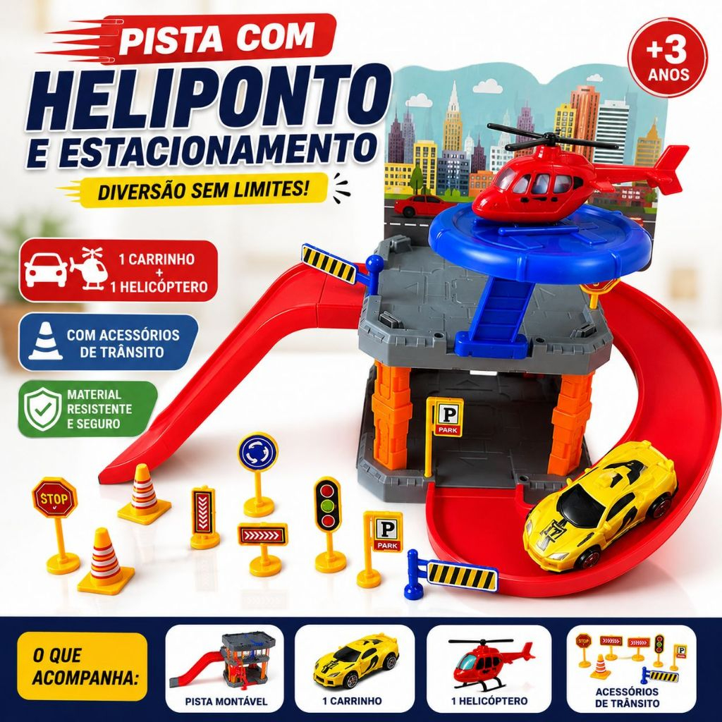 Garagem infantil com pista e carrinhos