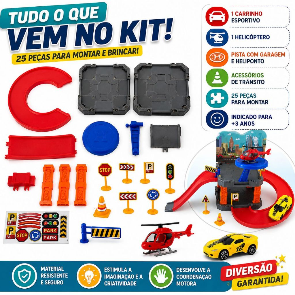 Detalhes da pista de carrinhos com garagem