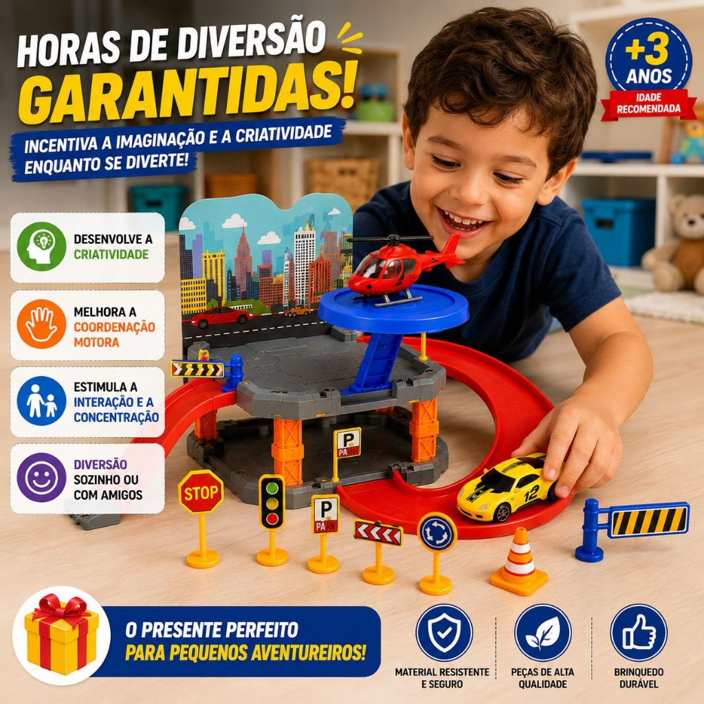 Conjunto infantil pista de carrinhos e garagem