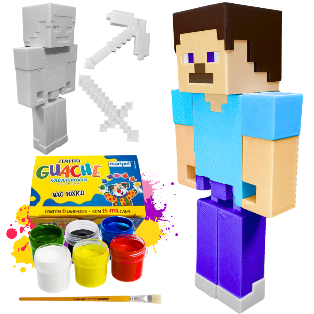 Boneco Steve Minecraft infantil para pintar com tintas
