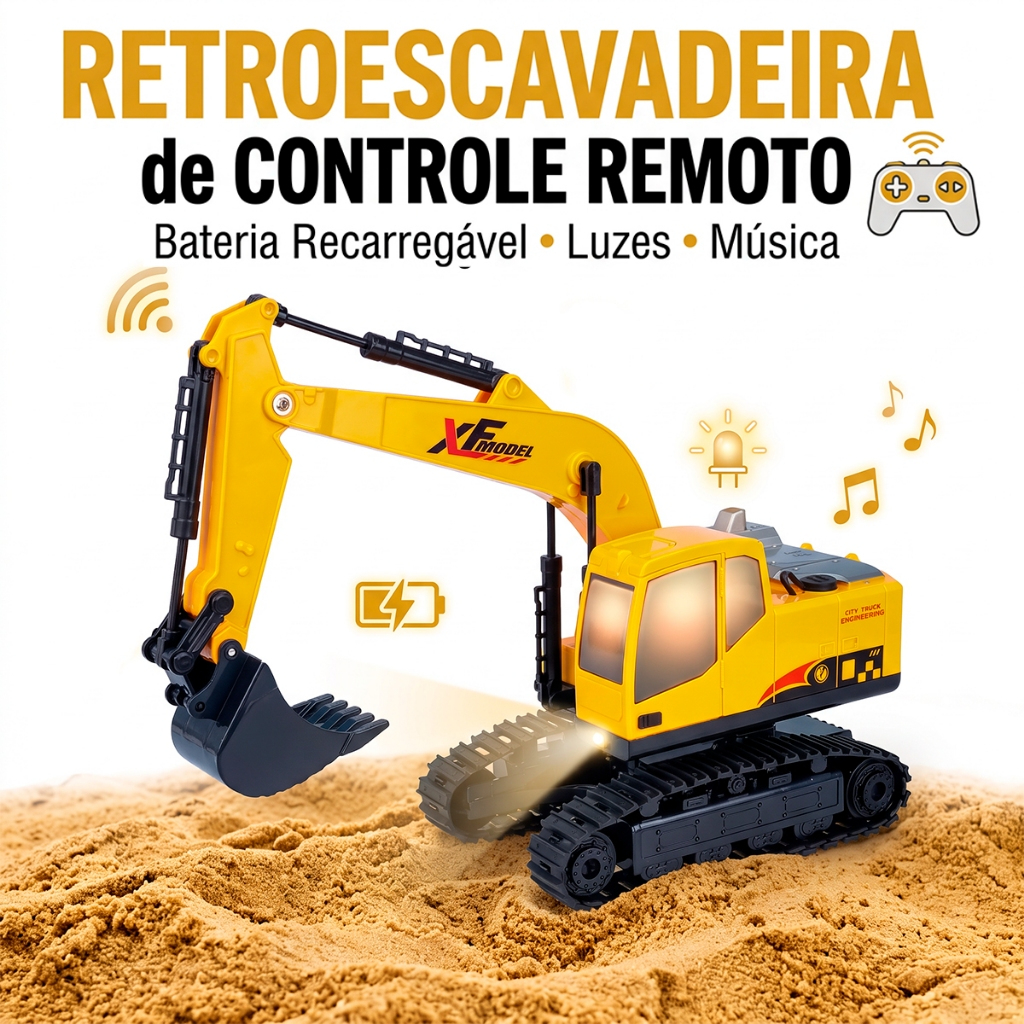 Escavadeira infantil de controle remoto com fumaça e som