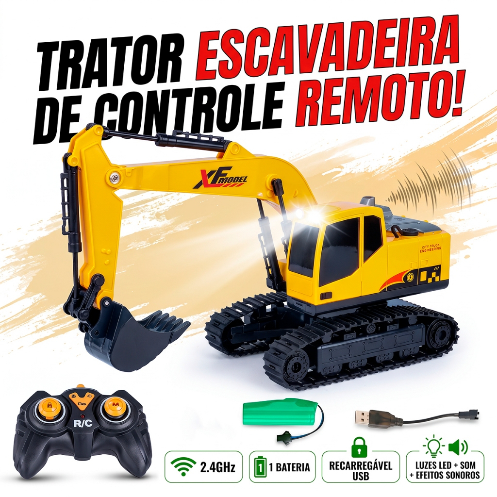 Escavadeira controle remoto infantil em operação